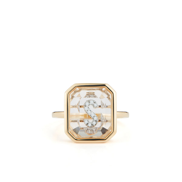 Mateo - Women
s 14K Gold Frame Crystal Quartz Secret Diamond Initial Ring - (Yellow Gold)