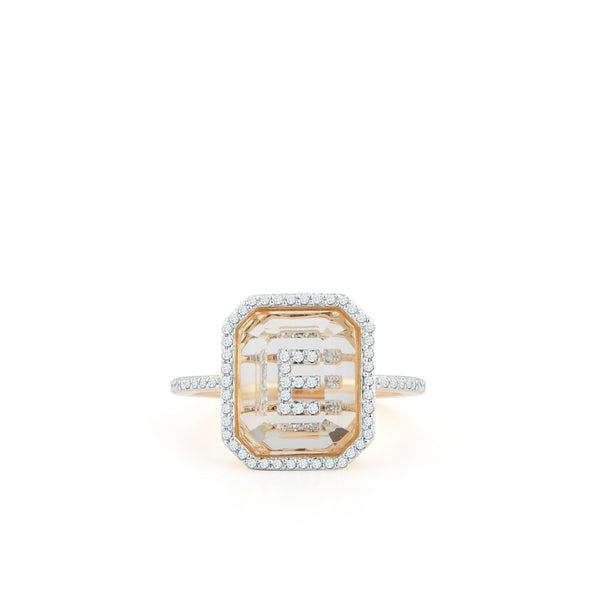 Mateo - Women
s 14K Gold Diamond Frame Crystal Quartz Secret Diamond Initial Ring - (Yellow Gold)