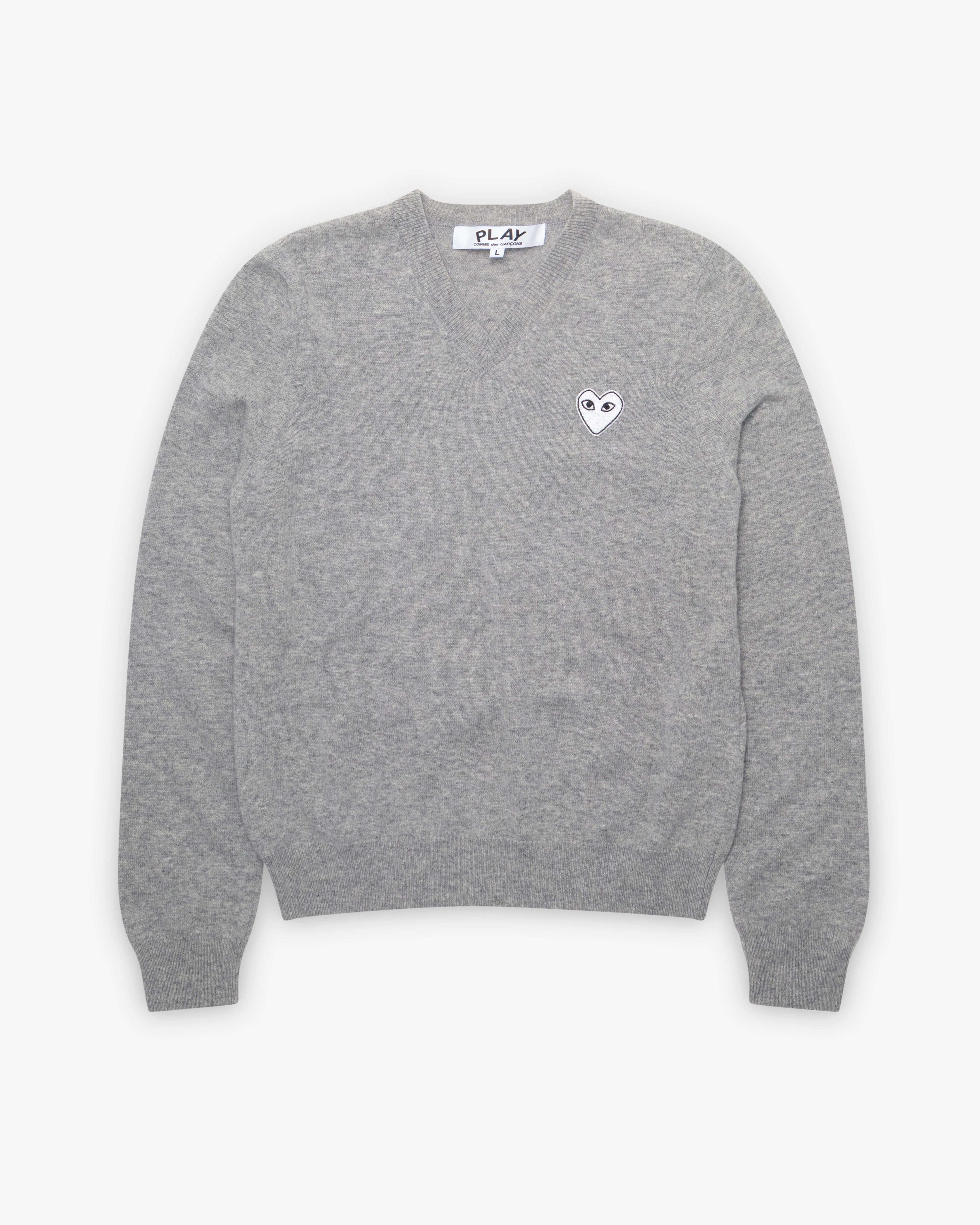 Play Comme des Garçons - White Heart V-Neck Sweater - (Light Grey)