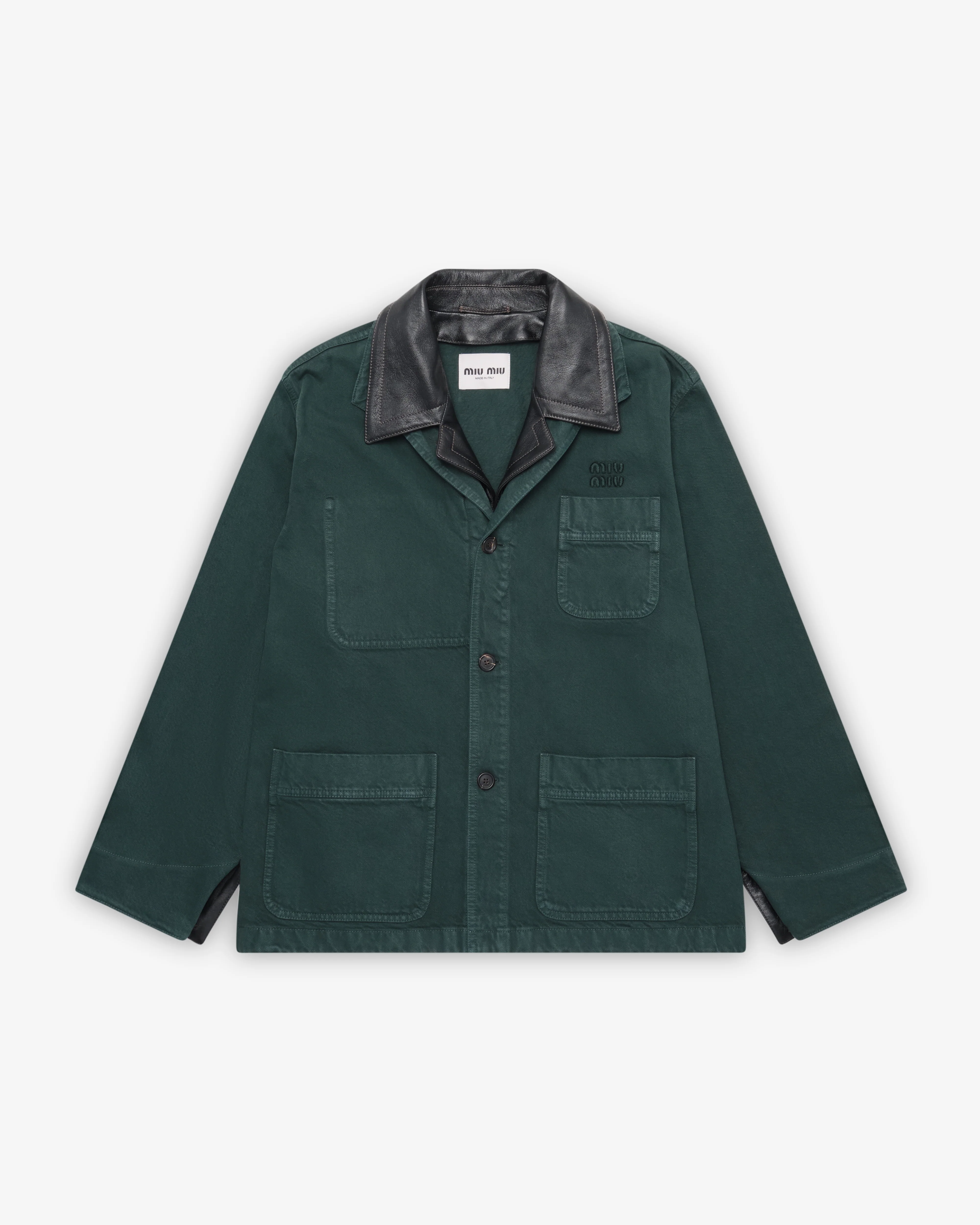 Miu Miu - Women's Single-Breasted Garment-Dyed Gabardine And Leather Jacket - (Bottle Green)