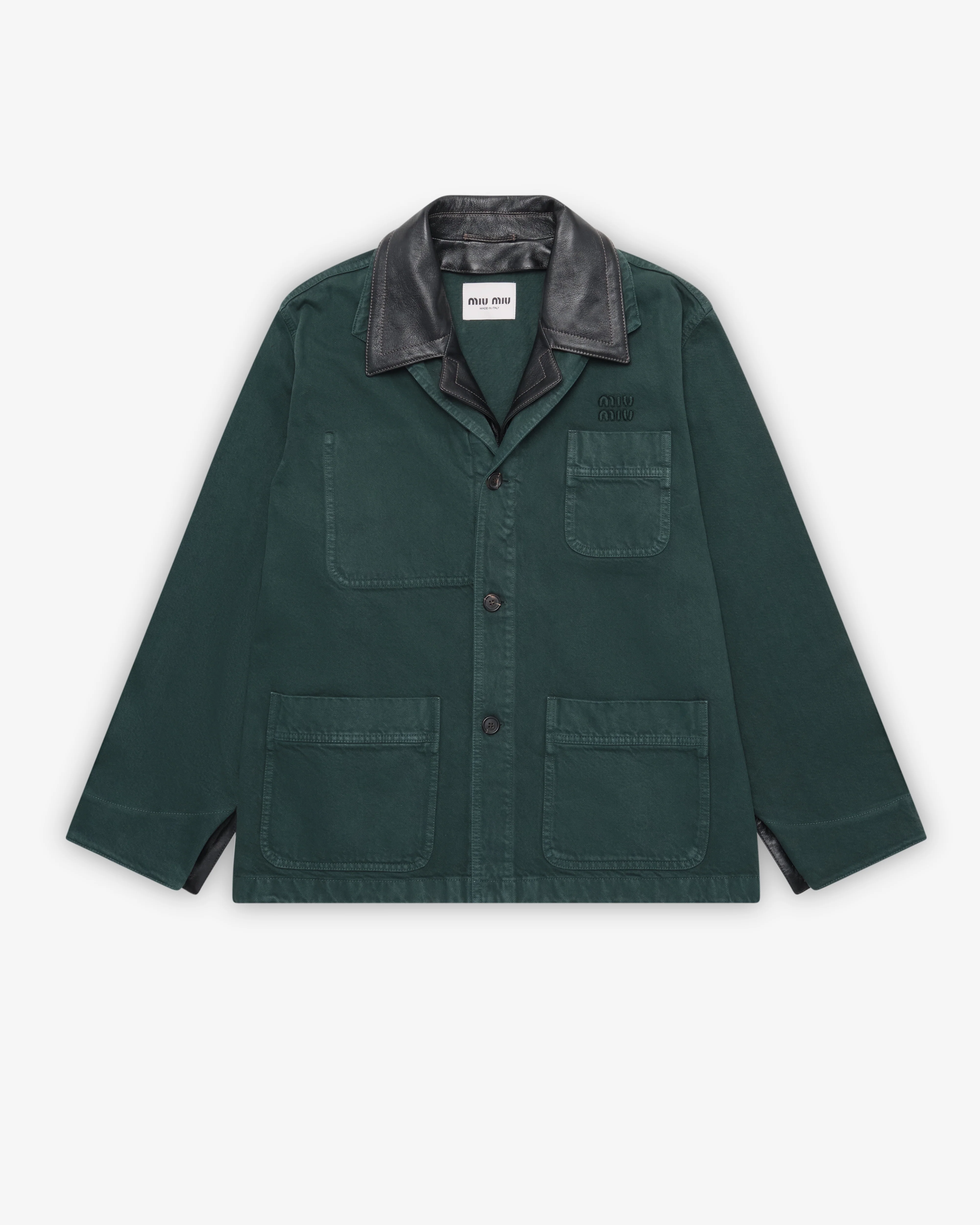 Miu Miu - Men's Single-breasted Garment-Dyed Gabardine And Leather Jacket - (Bottle Green)