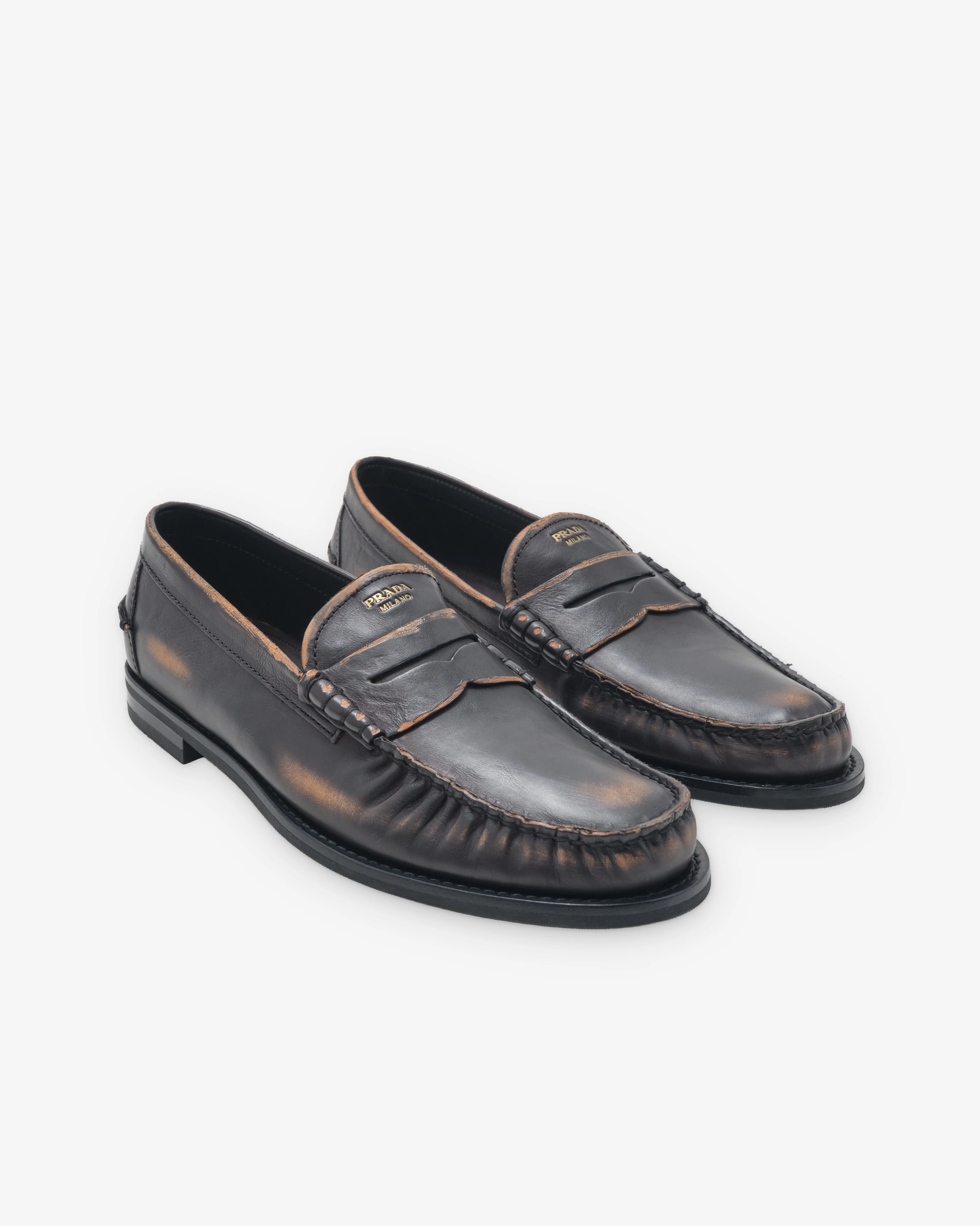 Prada - Men's Antiqued Leather Loafers - (Black/Tan)
