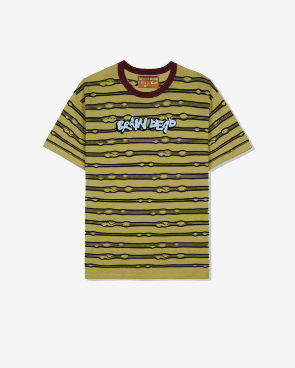 Brain Dead - Men
s Embroidered Puckered Striped T-Shirt - (Lime)