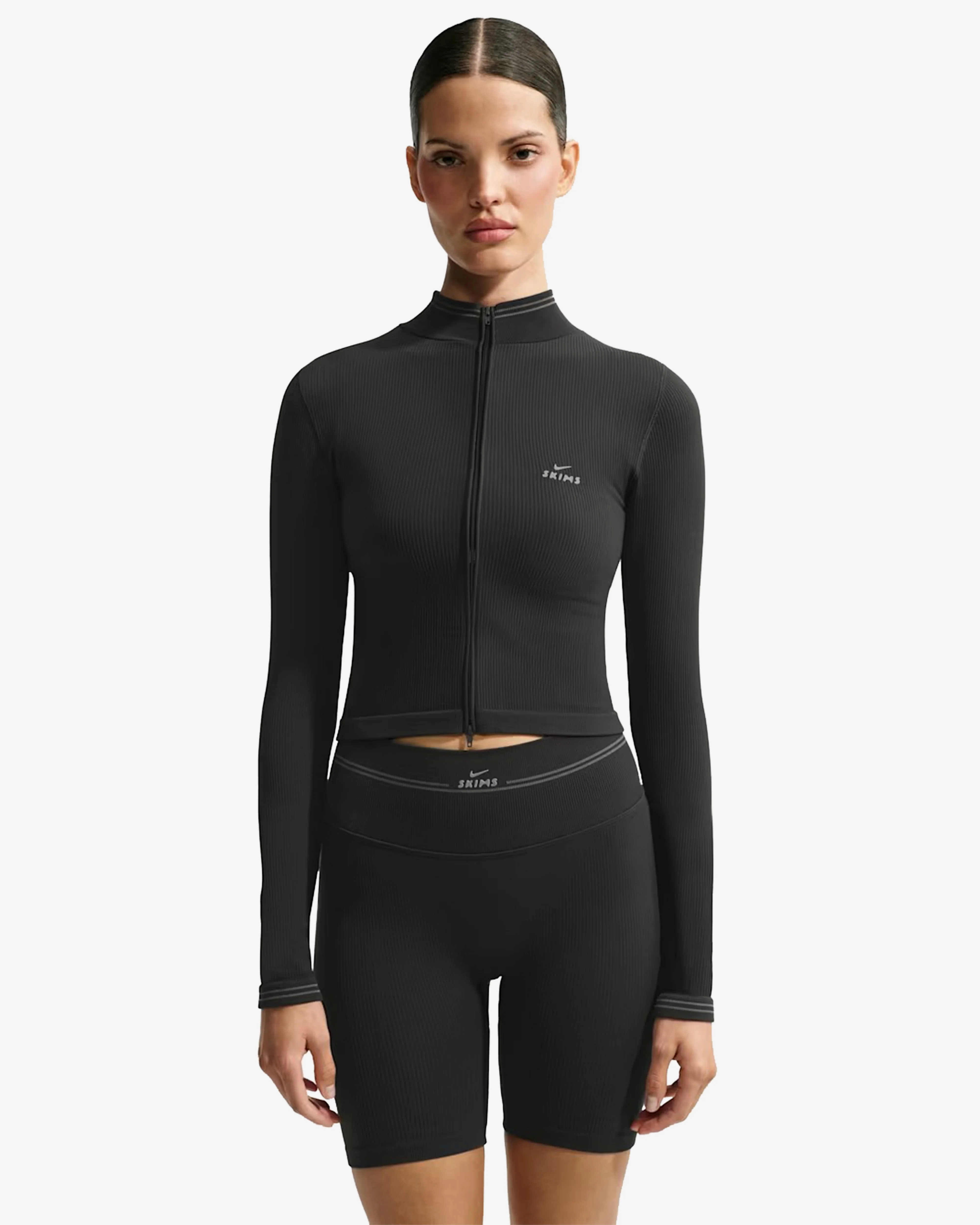 NikeSKIMS - Women's Ribbed Seamless Cropped Full-Zip Jacket - (Obsidian/Armor)