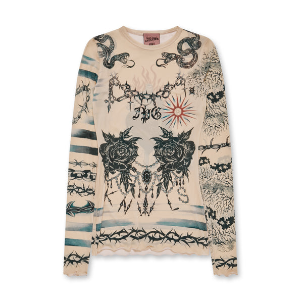 Jean Paul Gaultier - KNWLS Women’s Trompe L’Oeil Tattoo Long Sleeve Top - (Nude/Grey/Black)