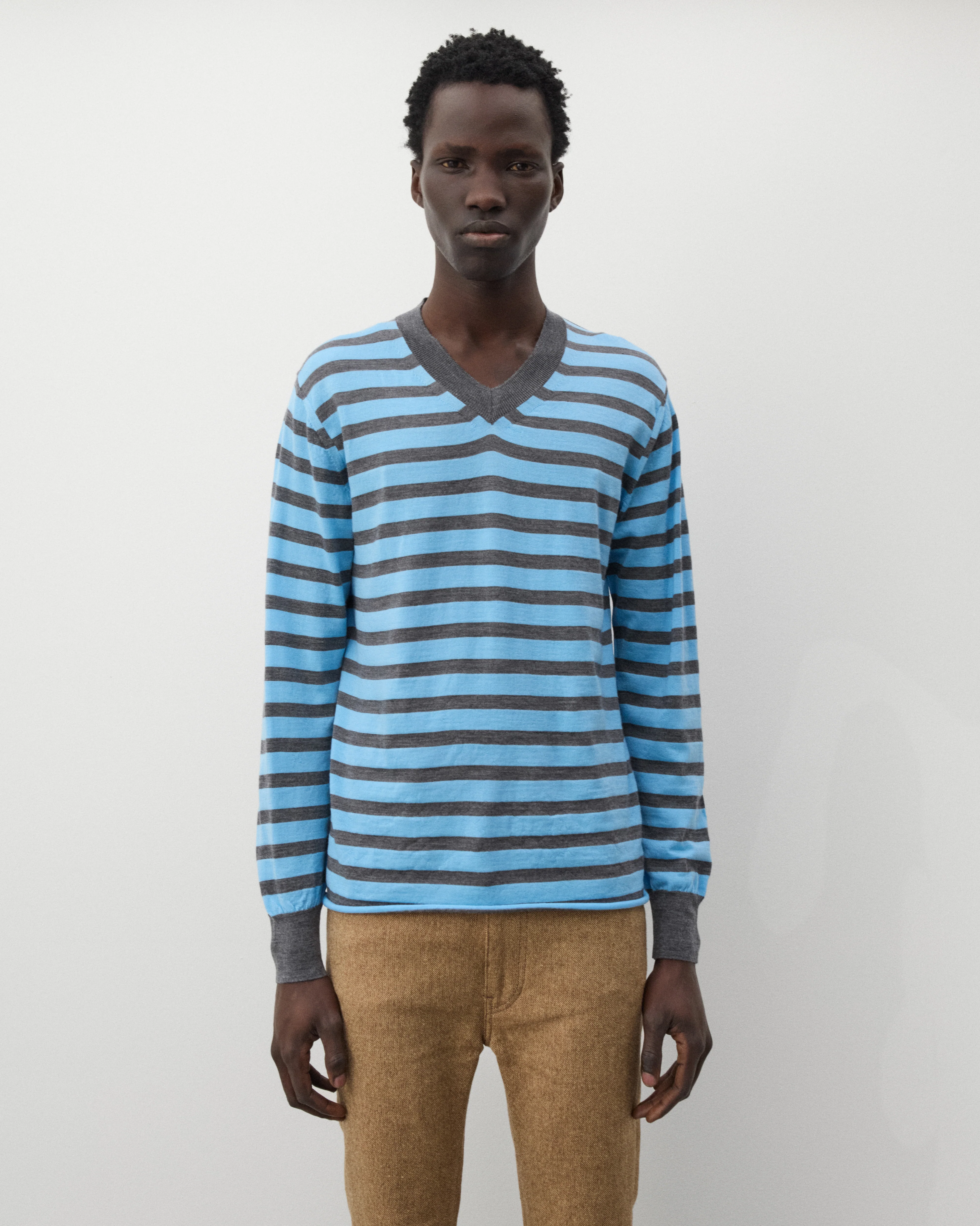 Junya Watanabe Man - Men's Striped V-Neck Sweater - (Grey/Sax Blue)
