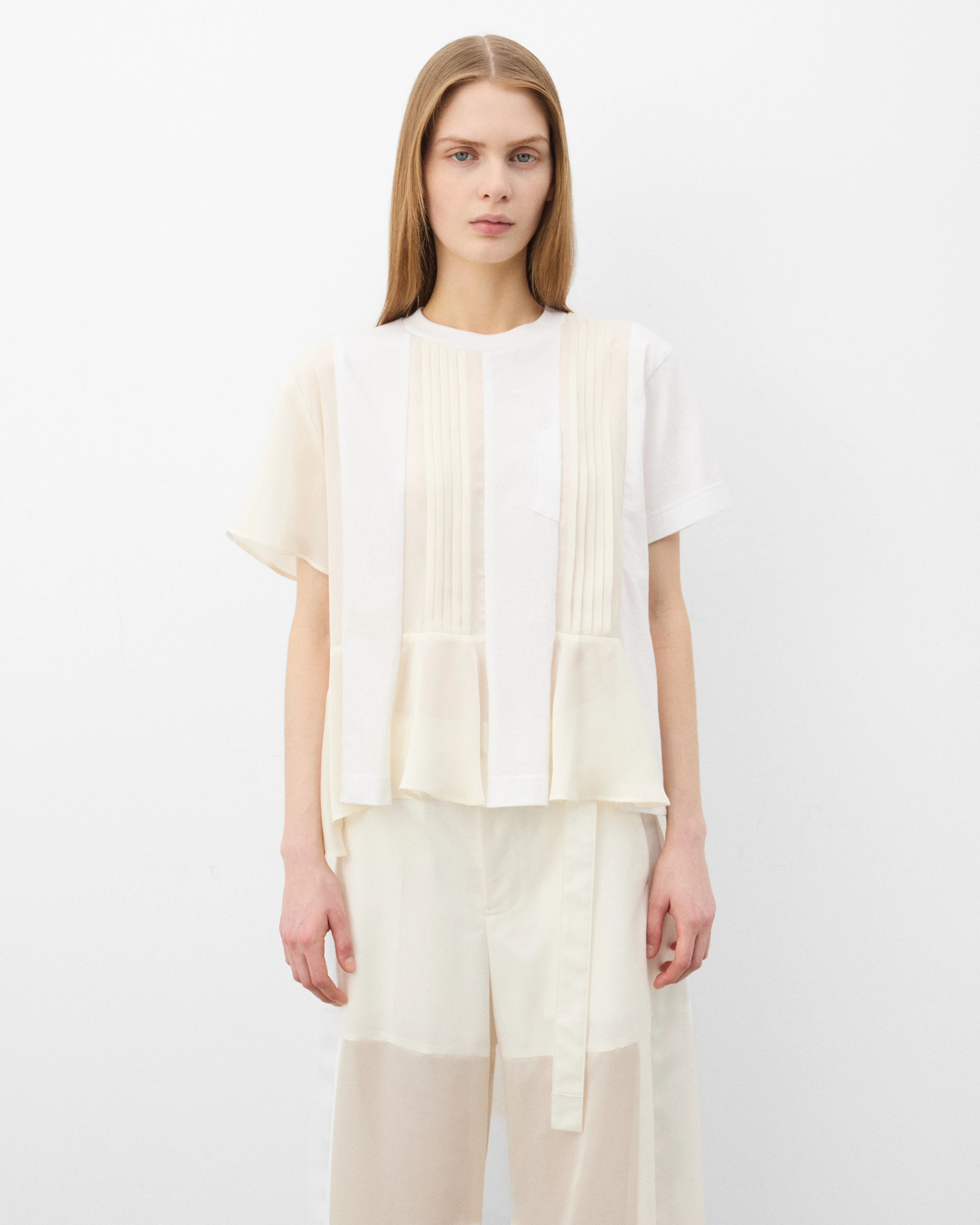Sacai - Women's Satin x Cotton T-Shirt - (White/Ecru)