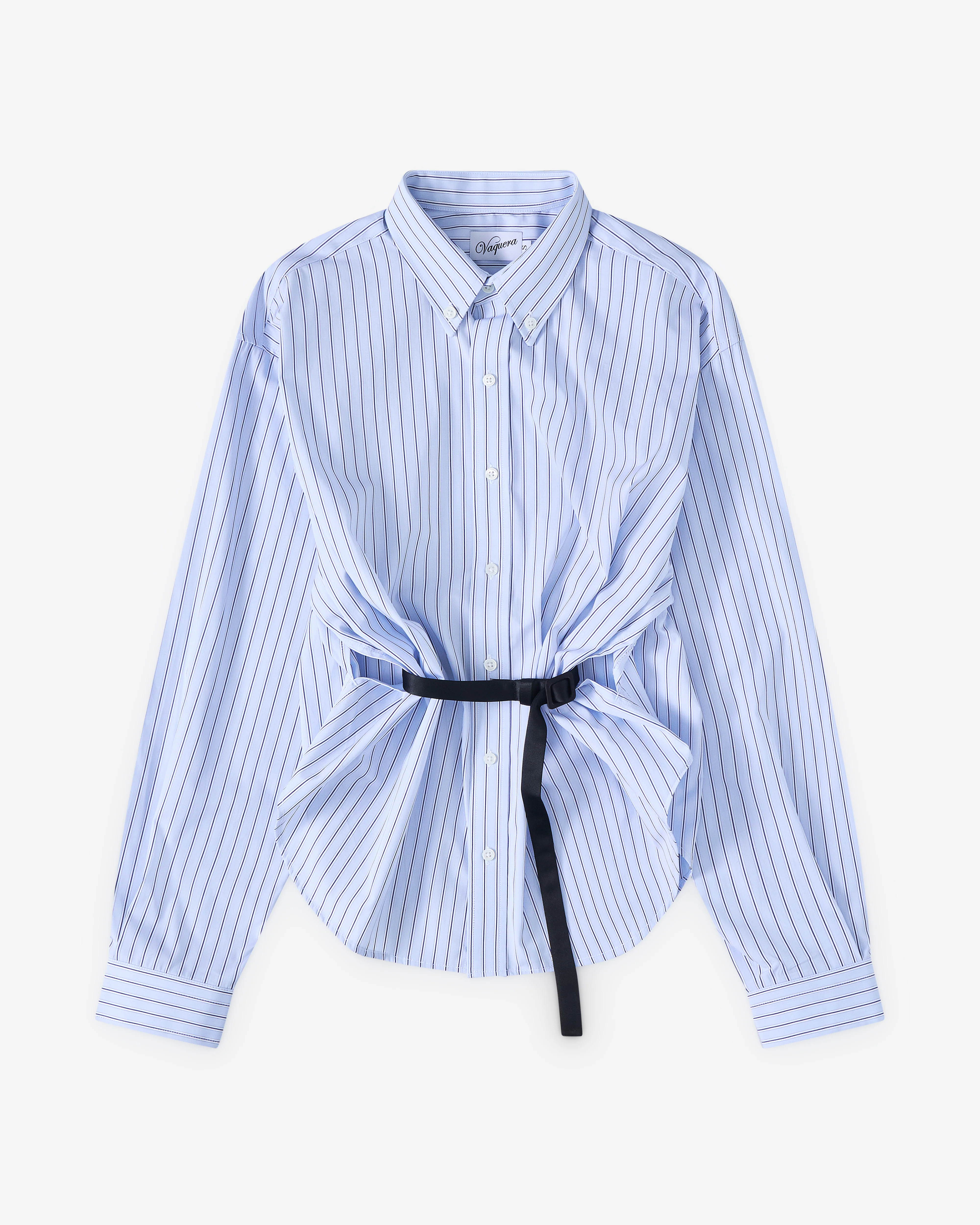 Vaquera - Women's Belted Button Down Shirt - (Blue Stripe)