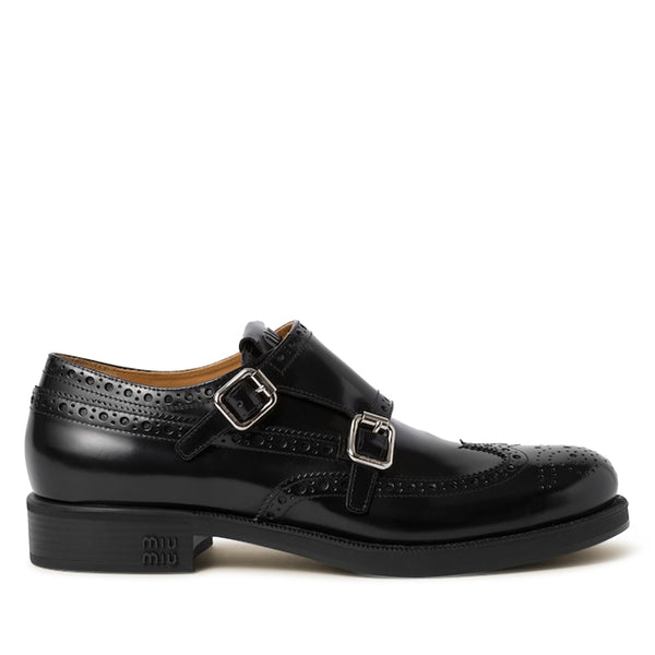 Miu Miu - Church
s Women
s Brushed Leather Double Monk Brogue Shoes - (Black)