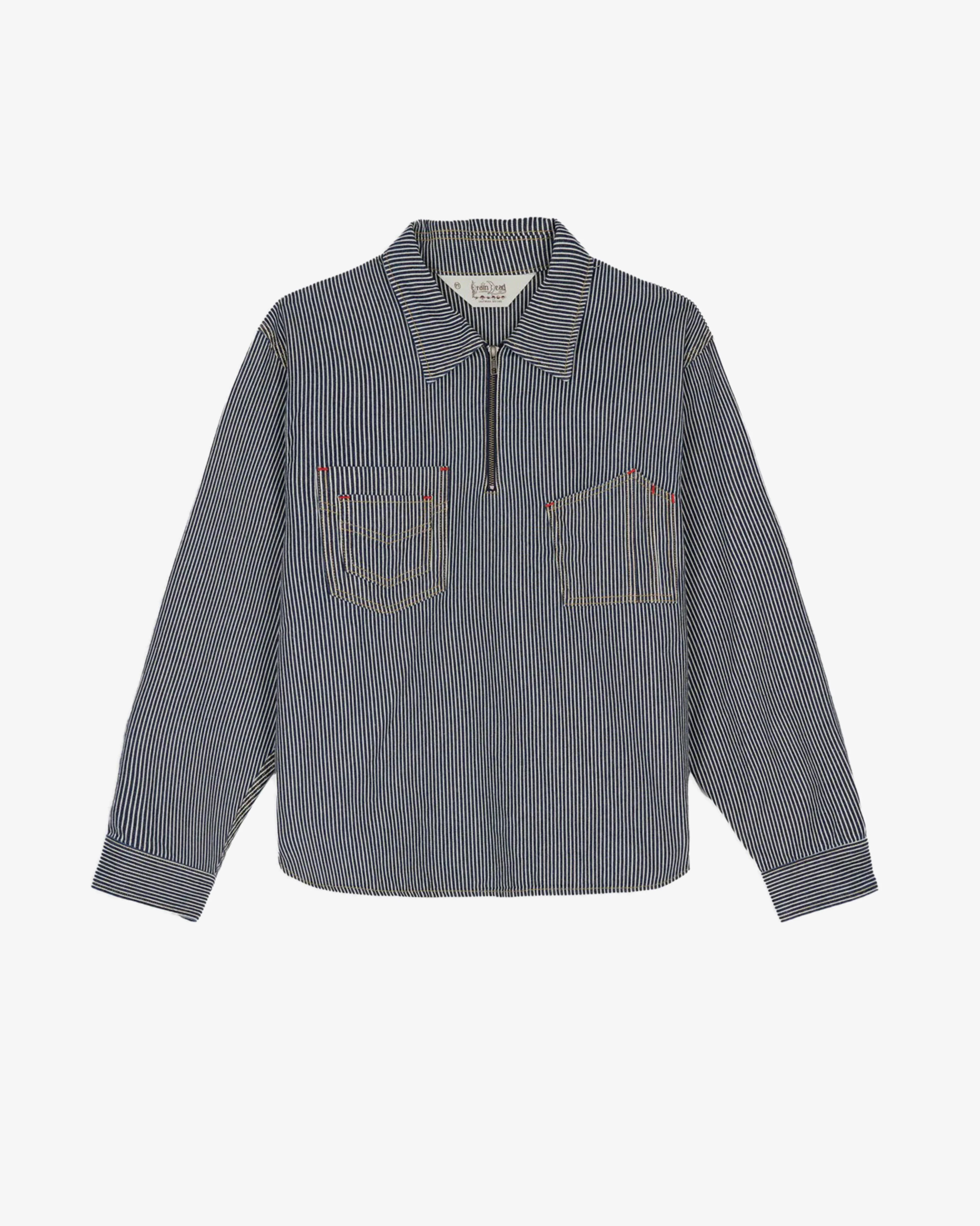 Brain Dead - Men's Hickory Stripe Half Zip Work Shirt - (Navy) view 1, Click to Zoom in