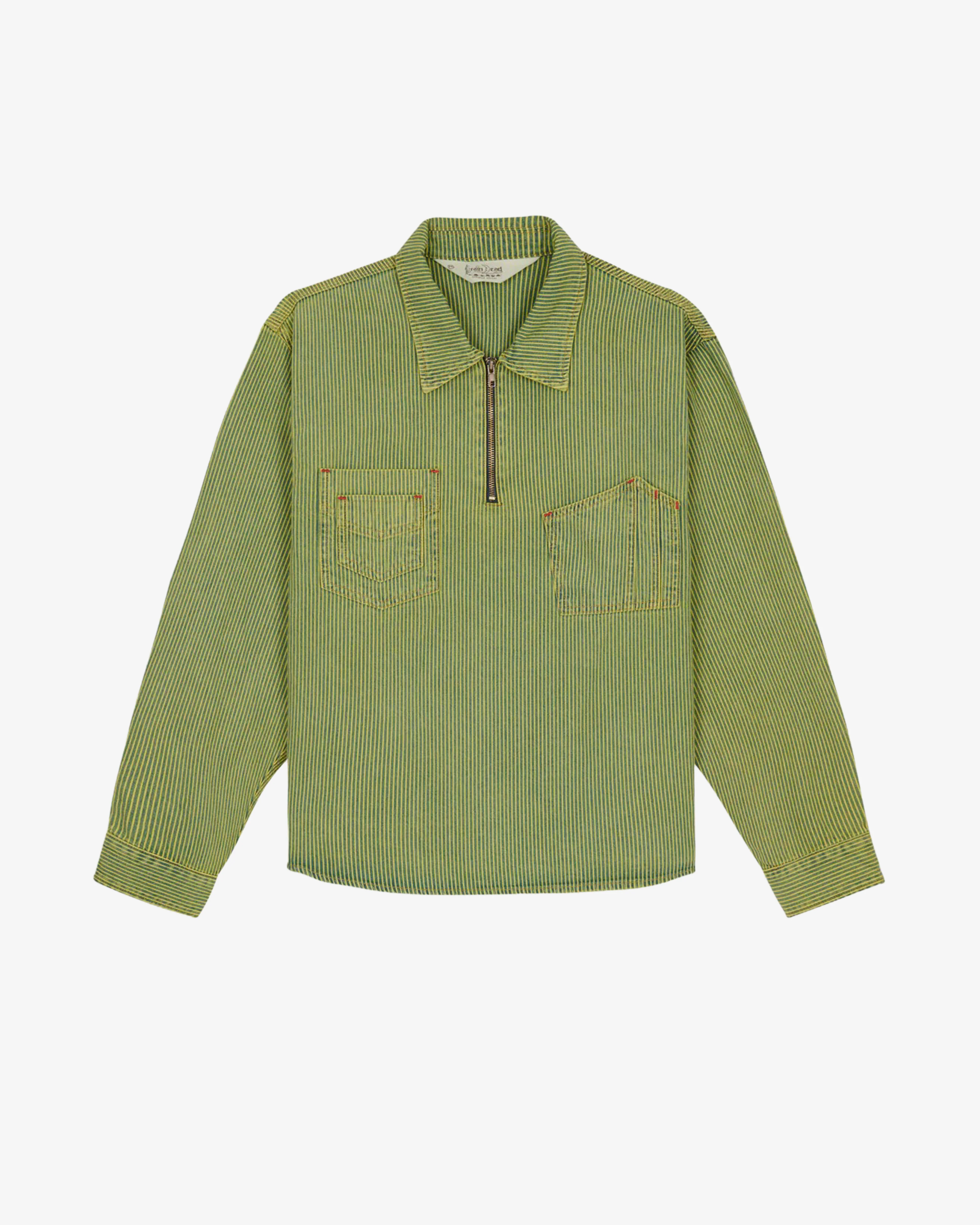 Brain Dead - Men's Hickory Stripe Half Zip Work Shirt - (Green) view 1, Click to Zoom in