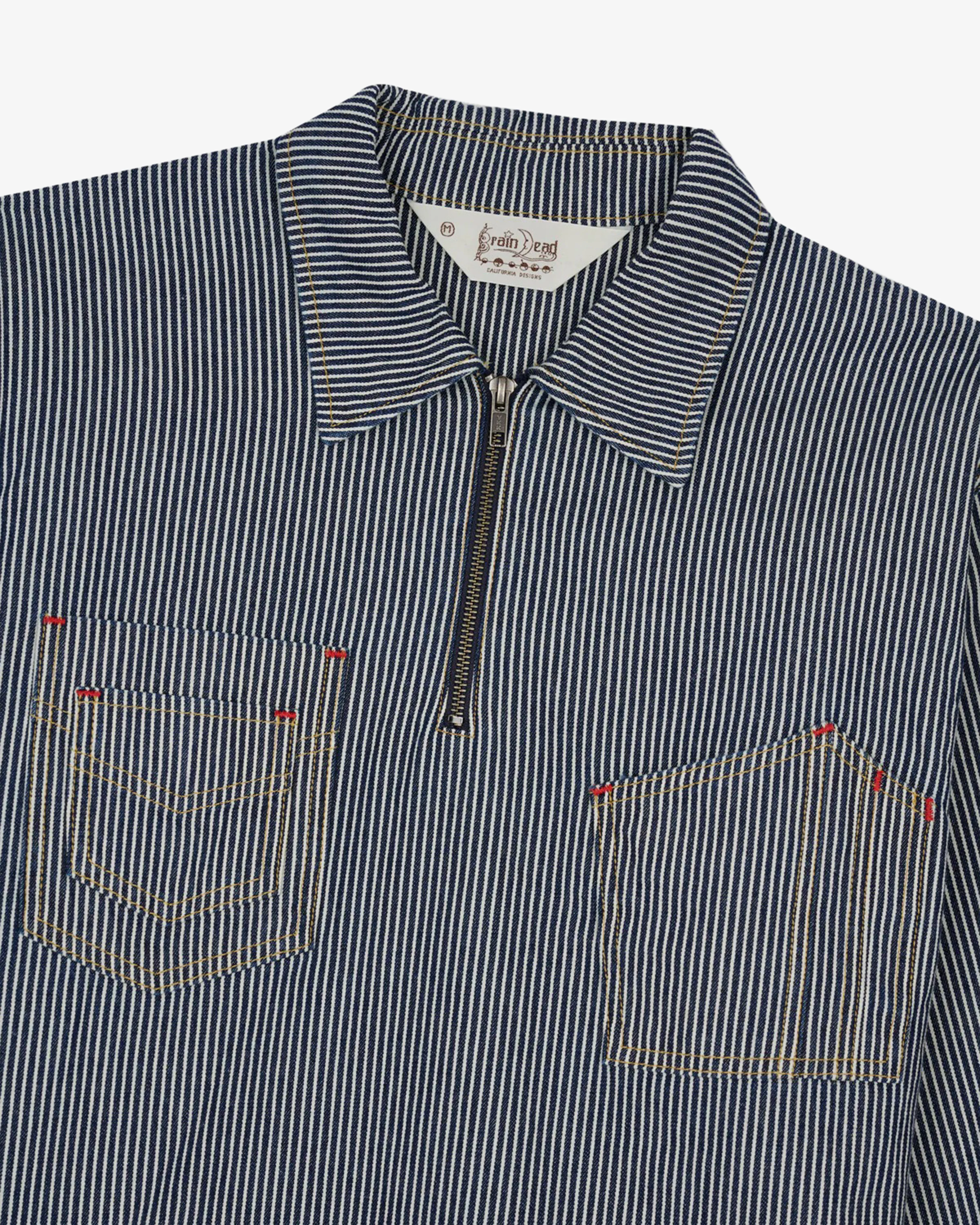 Brain Dead - Men's Hickory Stripe Half Zip Work Shirt - (Navy) view 3, Click to Zoom in